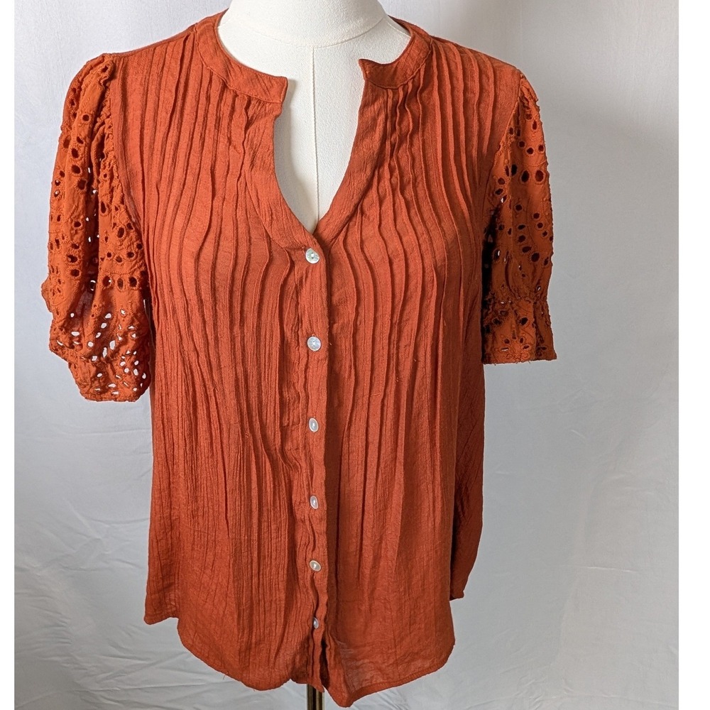 Nanette Nanette Lepore Burnt Orange Pintuck Eyelet Puff Sleeve Blouse Large